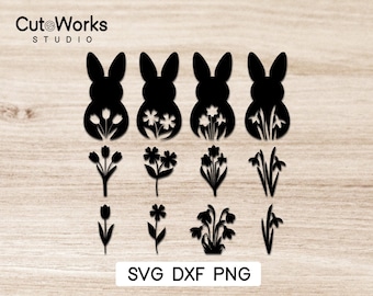 SVG plotter file Easter - Rabbit silhouette - Spring Flower Plotter - Cricut - PNG DXF - cutting files, plotter file, bundle, easter bunny