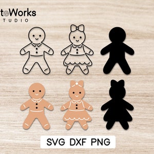 Peut inclure: Un ensemble de six fichiers de découpe SVG de personnages en pain d'épices. Les fichiers comprennent deux personnages en pain d'épices en contour, deux personnages en pain d'épices remplis et deux personnages en pain d'épices noirs pleins. Les personnages en pain d'épices portent tous des nœuds et ont des visages souriants.