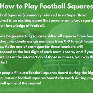 May include: A green and white graphic with the text "How to Play Football Squares" and an illustration of a football helmet. The text explains the rules of the game, which involves selecting squares and assigning numbers to each team.