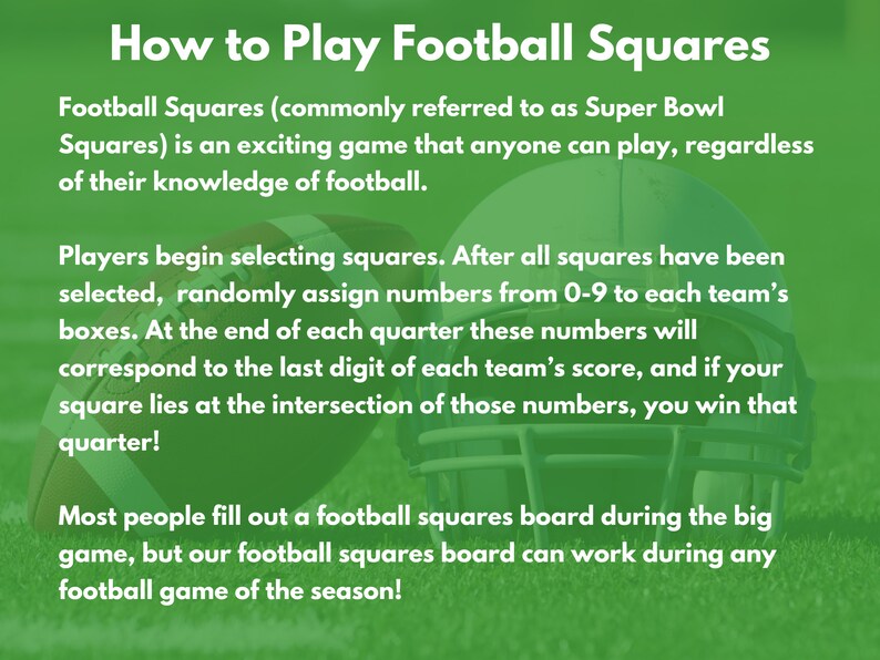 May include: A green and white graphic with the text "How to Play Football Squares" and an illustration of a football helmet. The text explains the rules of the game, which involves selecting squares and assigning numbers to each team.