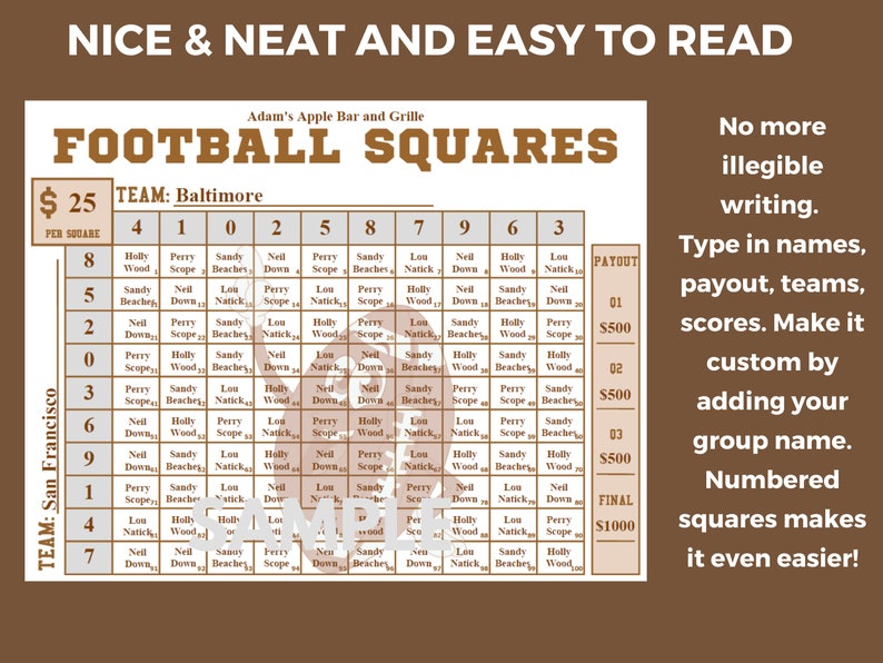 Editable Football Squares Template Printable Editable PDF Football Editable Football Squares Template Printable Editable PDF Football