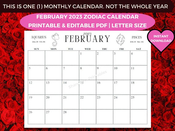 Printable Monthly Calendar February 2023 PDF Zodiac Astrology - Etsy Printable Monthly Calendar February 2023 PDF Zodiac Astrology - Etsy