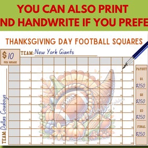 Thanksgiving Football Squares: 100 Numbered Squares, Editable Template