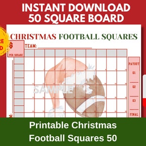May include: Printable Christmas Football Squares game board with a Santa hat and football illustration. The board has 50 squares and a payout section.