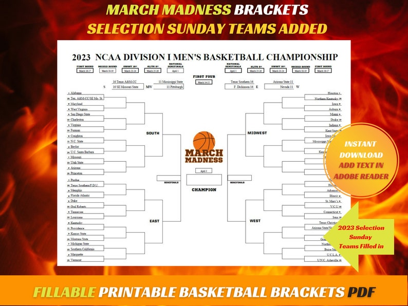 Printable NCAA Basketball Bracket March Madness Template - Etsy