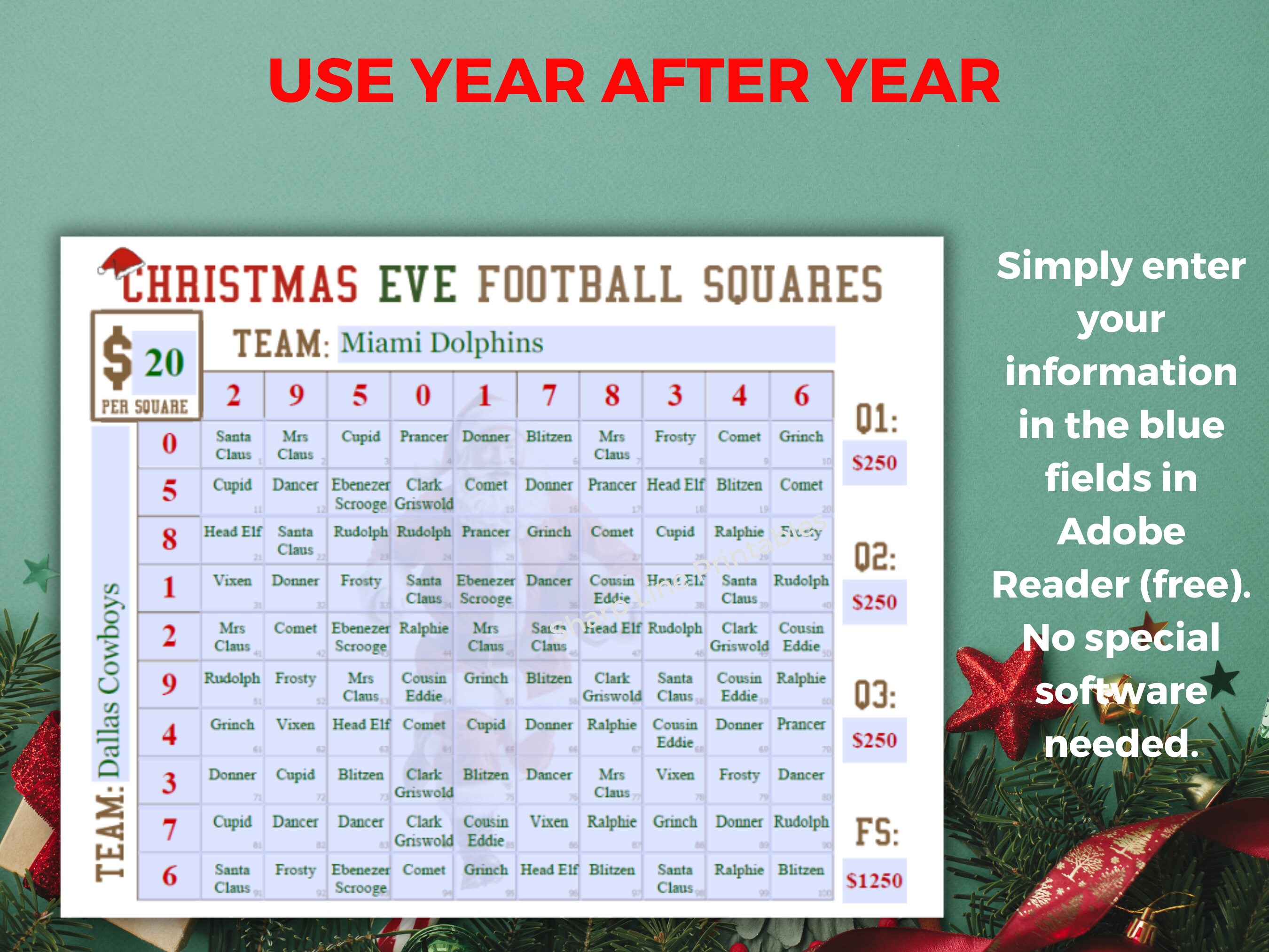 Editable Football Squares Template Christmas Football Fundraiser Christmas Football Game