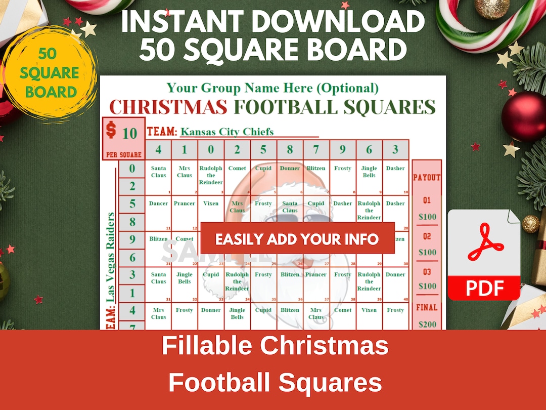 50 Football Squares Template Printable Editable PDF Christmas Football