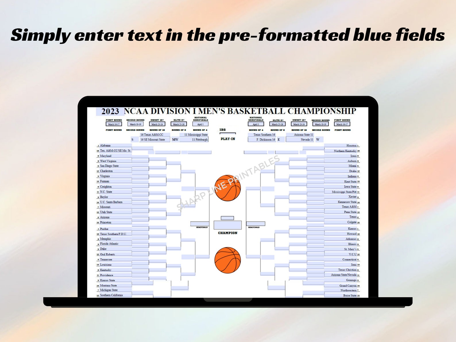 Printable NCAA Basketball Bracket March Madness Template Editable PDF ...