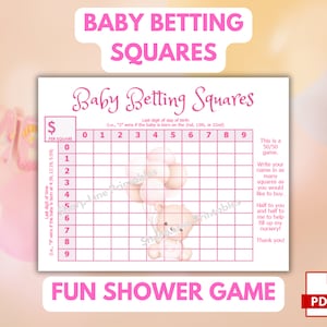 Jeu de baby shower Carrés de paris pour bébé Modifiable Ours rose Fille Baby Shower Date d’échéance Piscine Imprimable Prédiction de baby shower Devinez l’anniversaire
