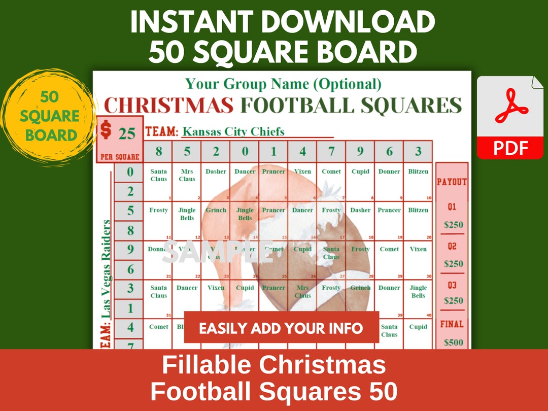 50 Christmas Football Squares Template Printable Editable PDF Football ...
