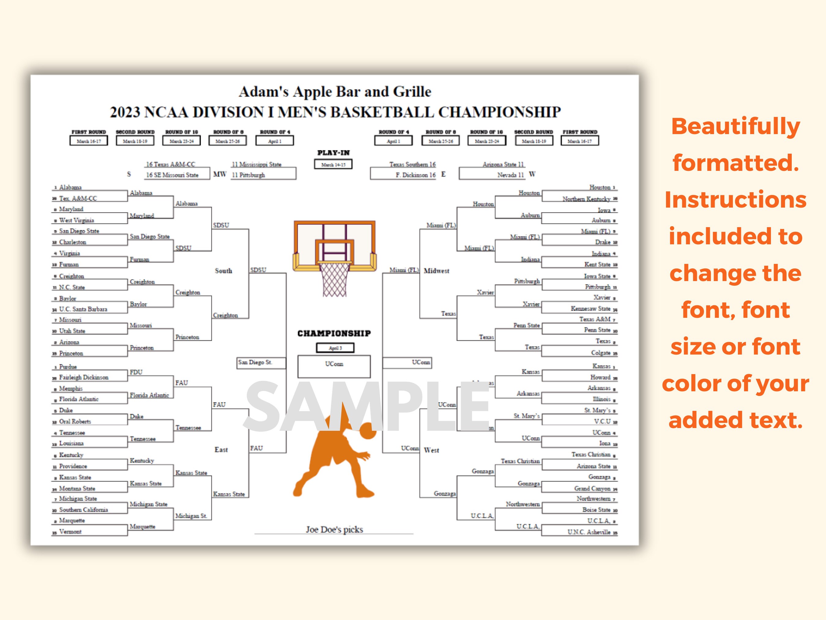 NCAA Basketball Bracket Printable Editable Bracket Mens Womens Brackets