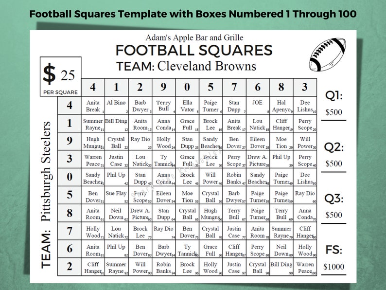Editable Super Bowl Squares Template, Instant Download Football Pool