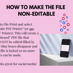 May include: A smartphone displaying a PDF document with the text "How to Make the File Non-Editable" on the screen. The text explains how to make a PDF file non-editable by using the "Adobe PDF Printer" option. The phone is on a white surface with a pink background.