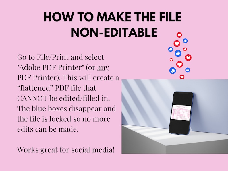 May include: A smartphone displaying a PDF document with the text "How to Make the File Non-Editable" on the screen. The text explains how to make a PDF file non-editable by using the "Adobe PDF Printer" option. The phone is on a white surface with a pink background.