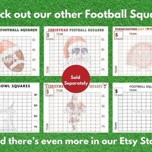 May include: Five printable football squares game boards with different holiday themes. The boards feature a football, Santa Claus, a turkey, a football helmet, and a reindeer. Each board has a grid of squares with numbers 1-5 and letters Q1-Q4. The text "Sold Separately" is written in a red circle on the image.