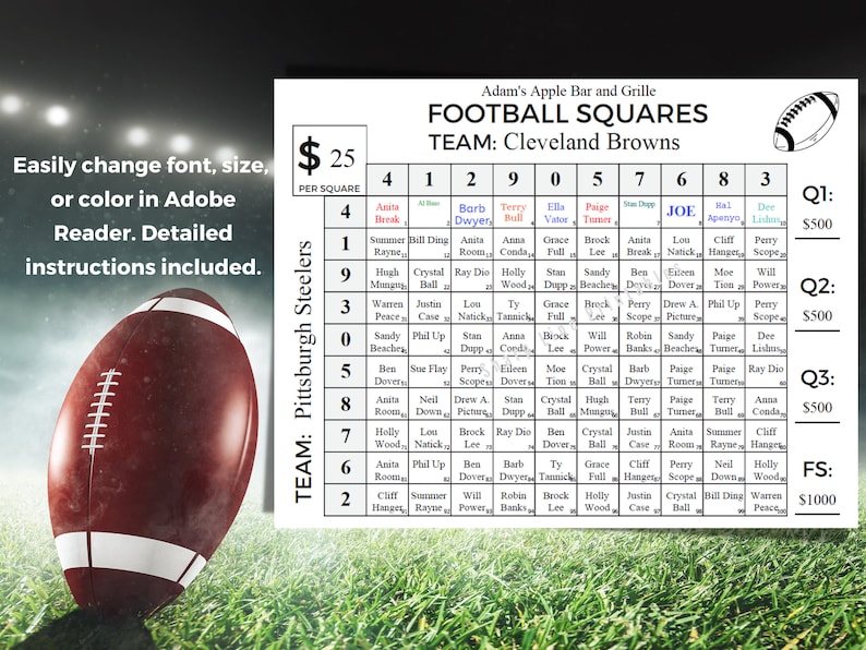 Editable Super Bowl Squares Template, Instant Download Football Pool