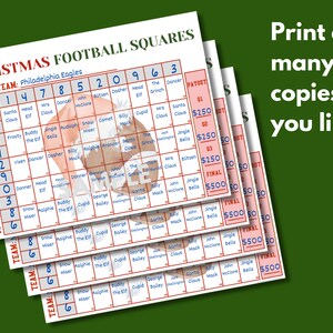 May include: A Christmas football squares game board with two teams: Philadelphia Eagles and New York Giants. The board is divided into 100 squares, each with a different Christmas character or theme. The squares are arranged in a grid, with the teams' names at the top and the numbers 1-10 along the sides. The board is printed on white paper with red and blue accents. The text "$25 per square" is printed in the top left corner.