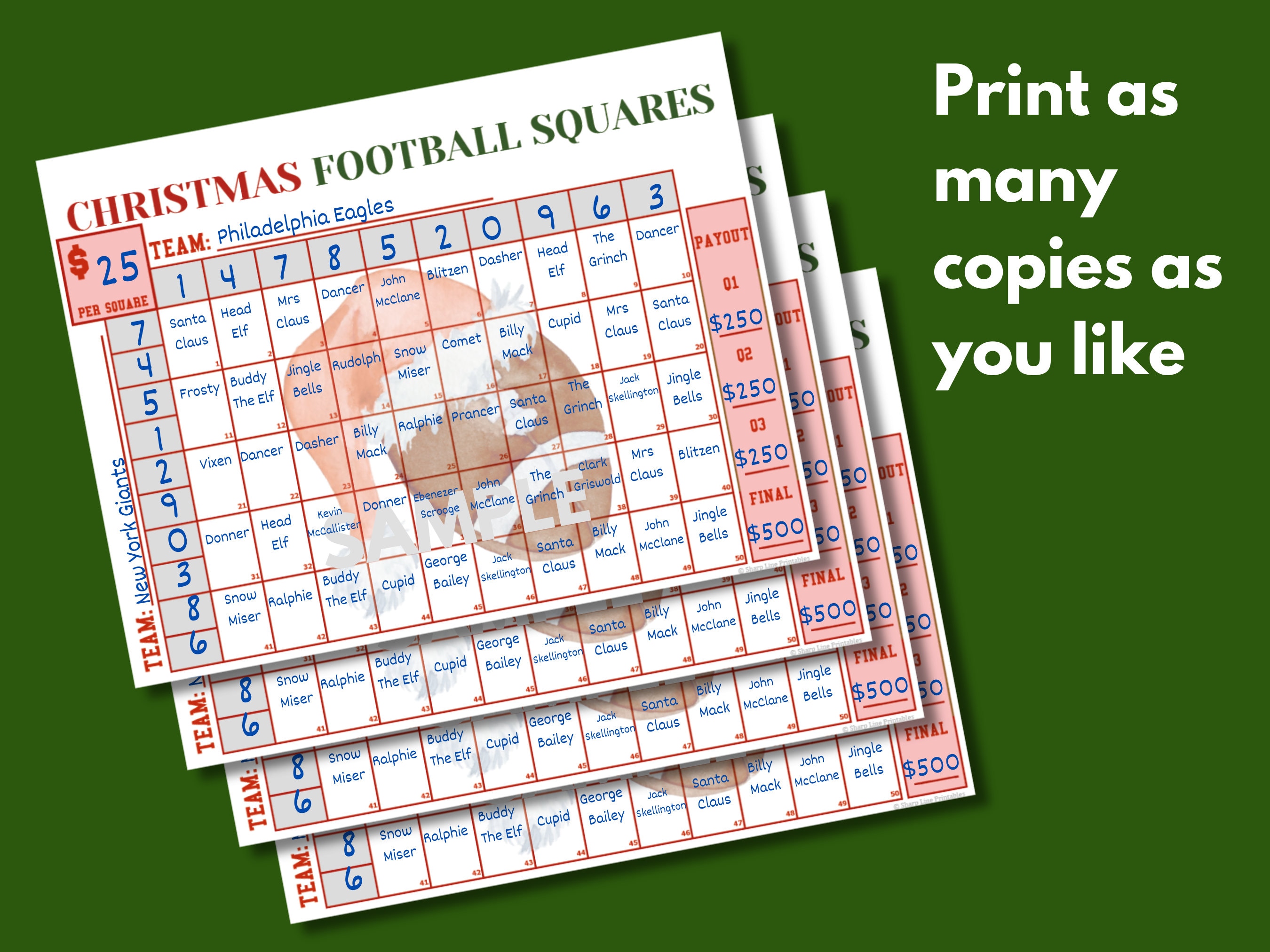 50 Football Squares Template Printable Christmas Football Fundraiser