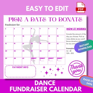 Dance Fundraiser Editable Calendar | Pick a Date to Donate | Fundraising for Dance Teams