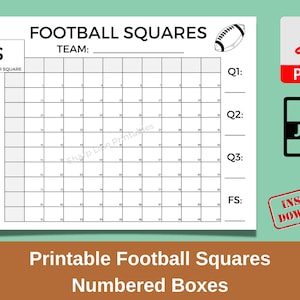 Football Squares Printable JPG PDF Numbered Squares Football Party