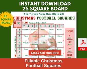 Sjabloon kerstvoetbalvierkanten: 25 vierkante raster (afdrukbare bewerkbare pdf)