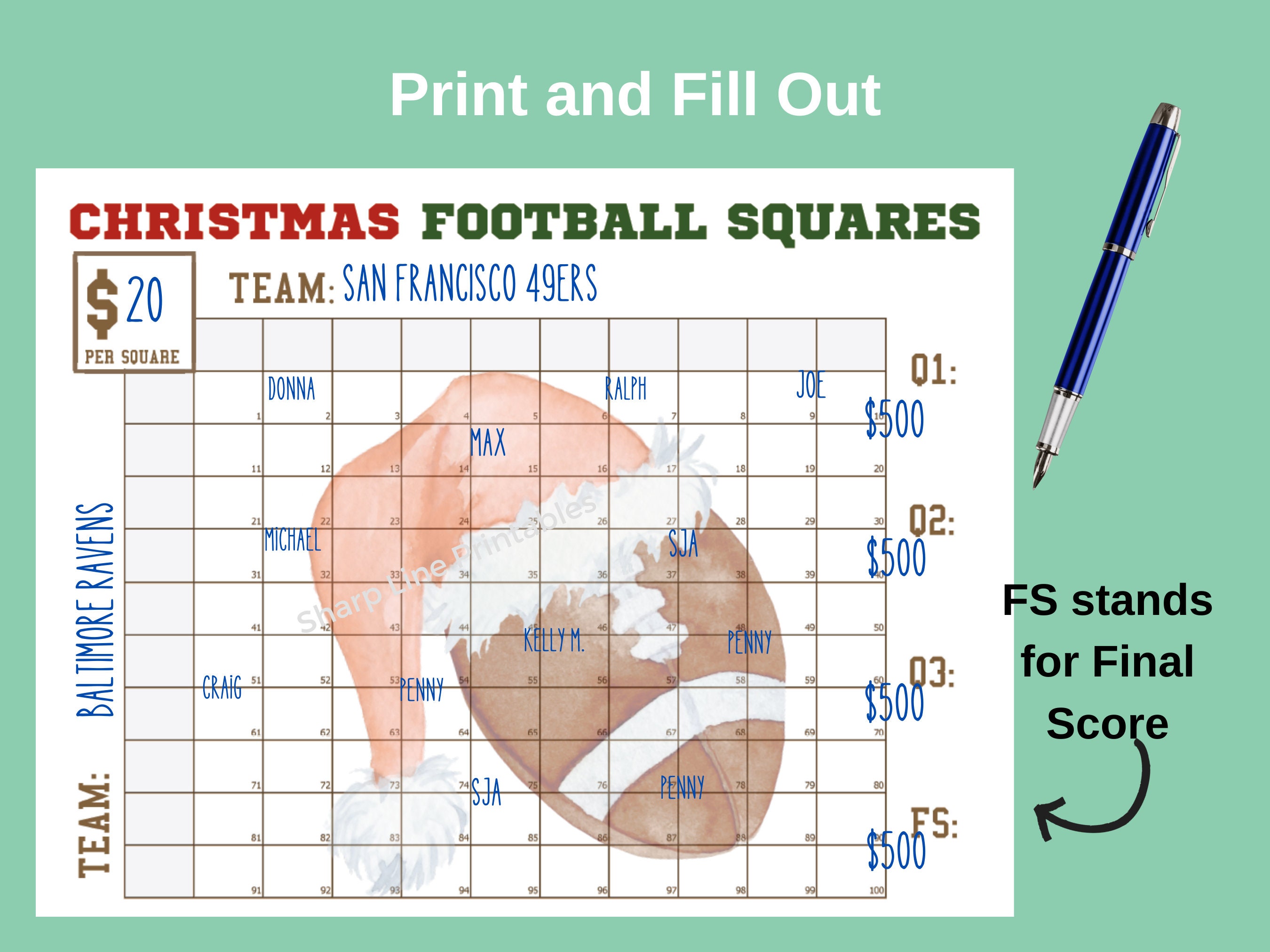 Printable Football Squares Template Christmas Football Fundraiser