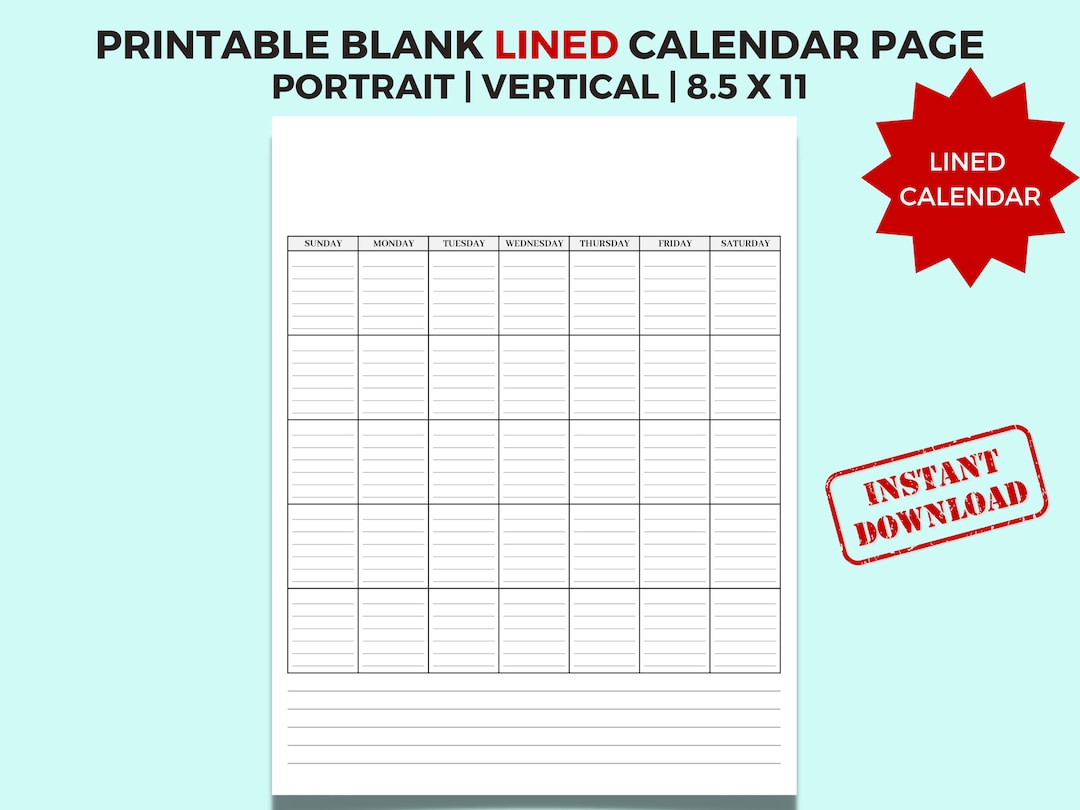 Blank lined calendar page printable monthly calendar planner etsy