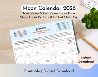Maankalender 2026 afdrukbaar | Focusdagen nieuwe maan en volle maan | Maanfasekalender met reflectieprompts