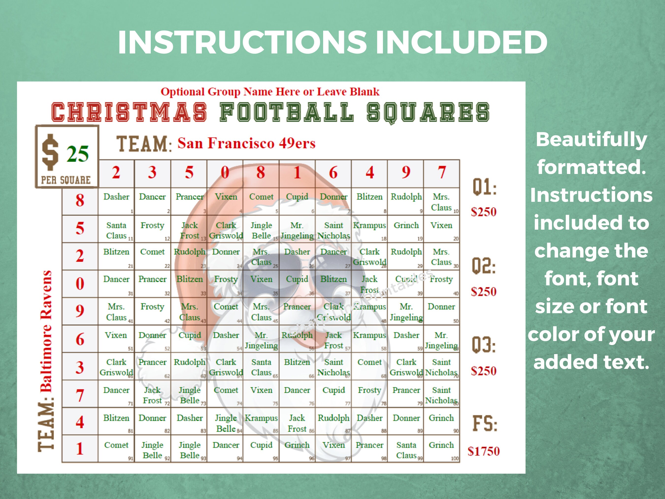 Football Squares Template Printable Editable PDF Christmas Football ...