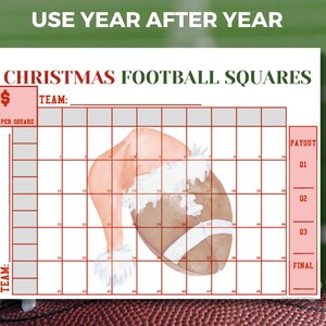 May include: A printable Christmas football squares game template with a red and white Santa hat and football graphic. The template includes a grid for 50 squares, a space for team names, and a payout section.