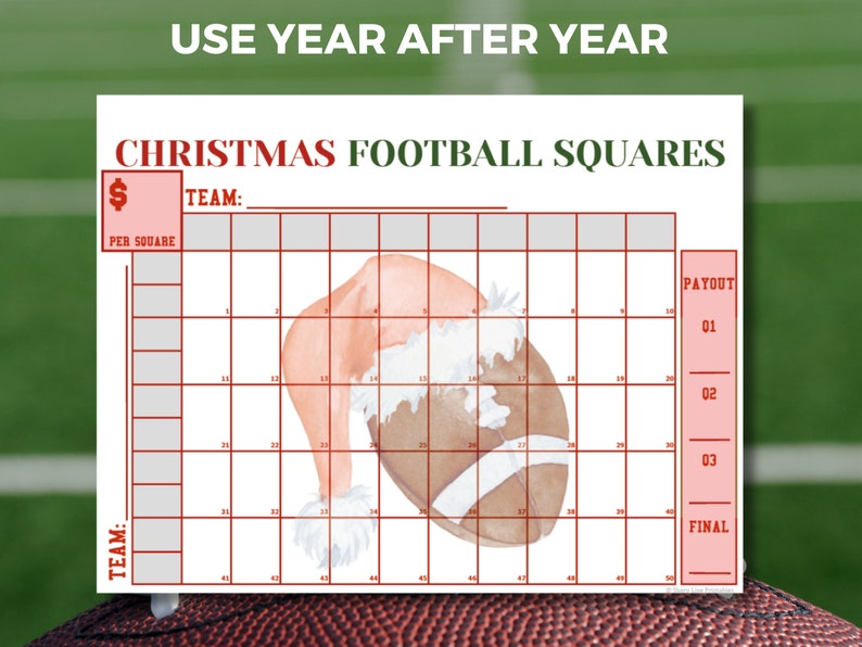 May include: A printable Christmas football squares game template with a red and white Santa hat and football graphic. The template includes a grid for 50 squares, a space for team names, and a payout section.