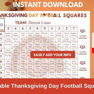 Football Squares Template Printable Editable PDF Thanksgiving Football Squares Numbered Football Grids Football Bet Game Super Bowl Squares