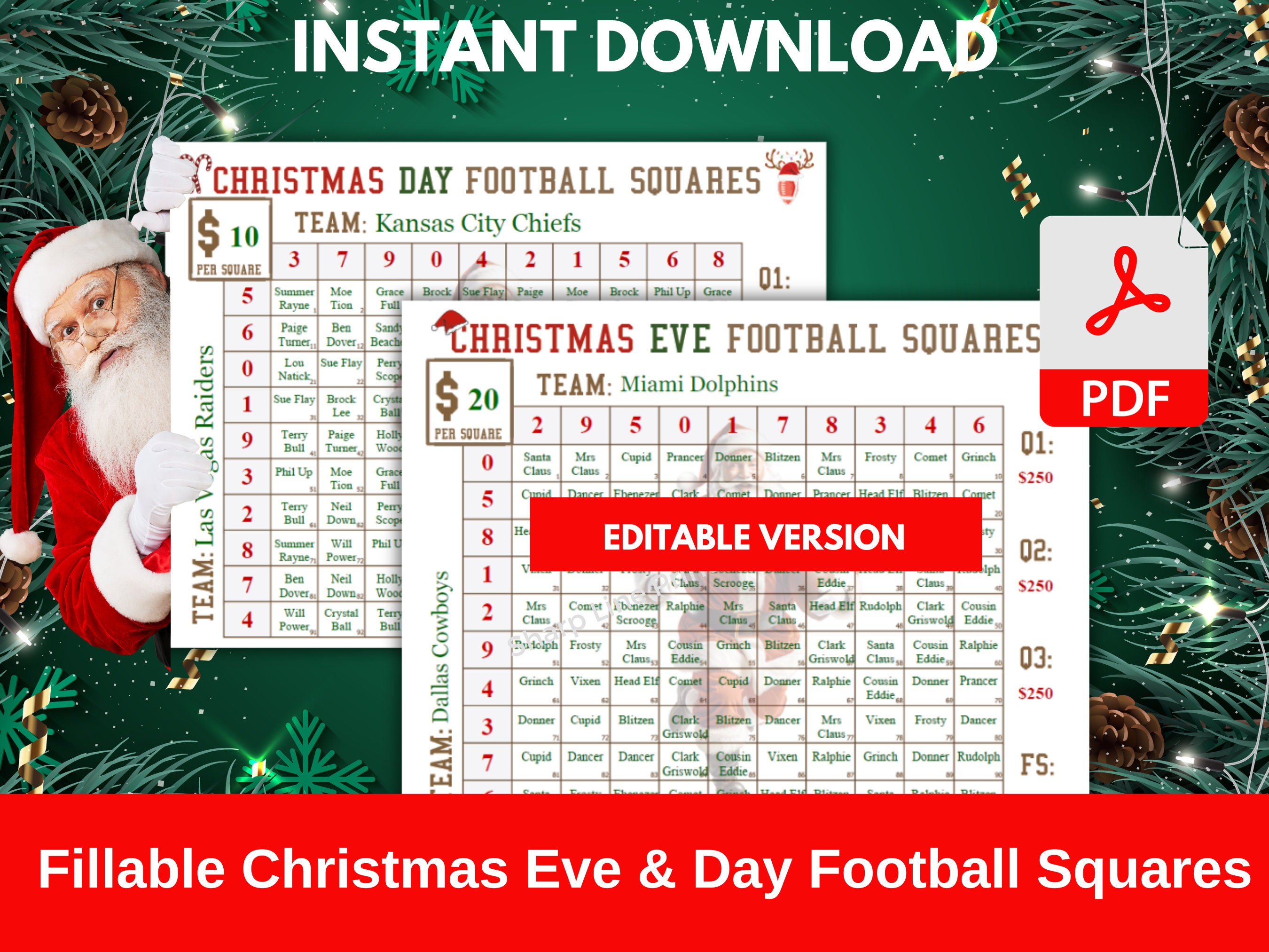 Editable Football Squares Template Christmas Football Fundraiser