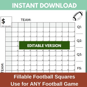 Football Squares Template Fillable Football Squares Game Printable Fundraiser Football Betting Game Football Square Grid Bet PDF Editable