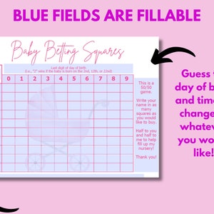 May include: A pink and blue baby betting squares game board with a pink stroller graphic. The board has numbers 0-9 on the left and right sides and numbers 0-9 across the top. The text "BLUE FIELDS ARE FILLABLE" is at the top of the board. The text "Baby Betting Squares" is in a pink font. The text "Guess the day of birth and time or change to whatever you would like!" is on the right side of the board.