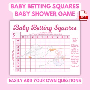 Babyweddenschapsvierkanten Bewerkbaar babyshowerspel Afdrukbaar babymeisjesdouchespel Roze ooievaar Baby raadspel Voorspellingsspel Leuke babyshower