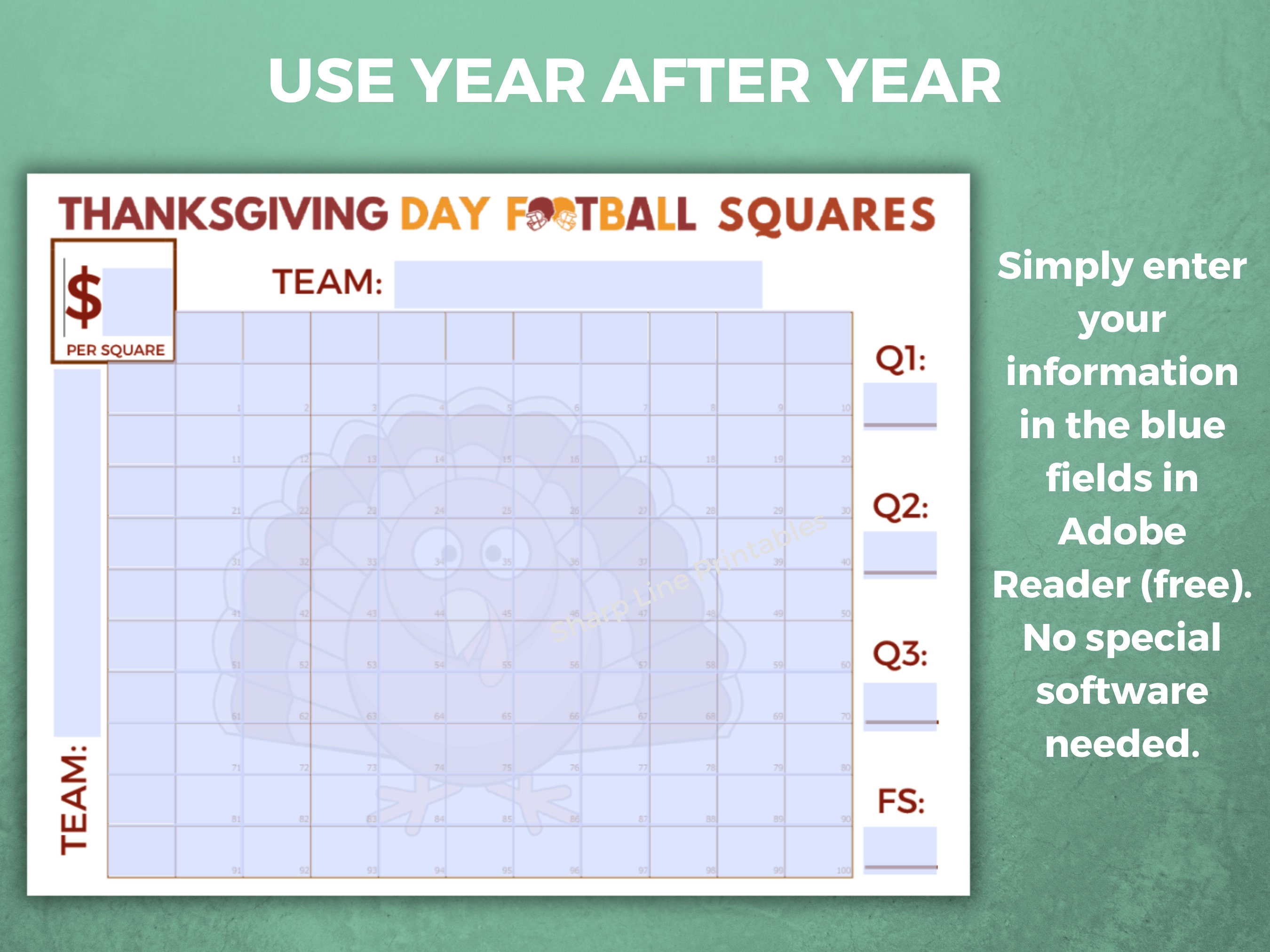 Football Squares Template Printable Editable PDF Thanksgiving Football ...