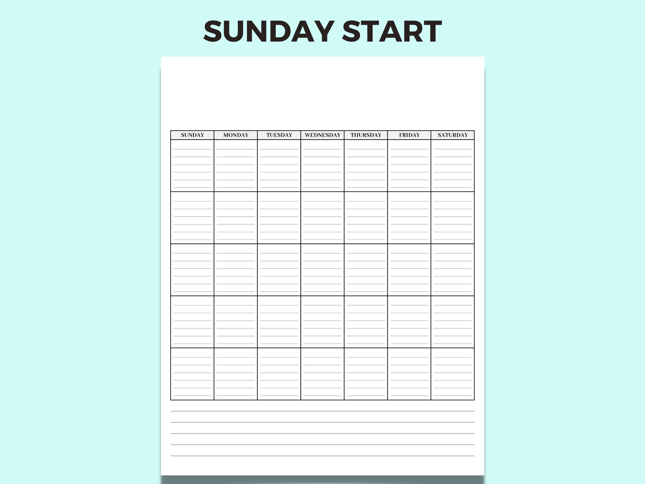 Printable Blank Lined Calendar Page Sunday and Monday Start - Etsy