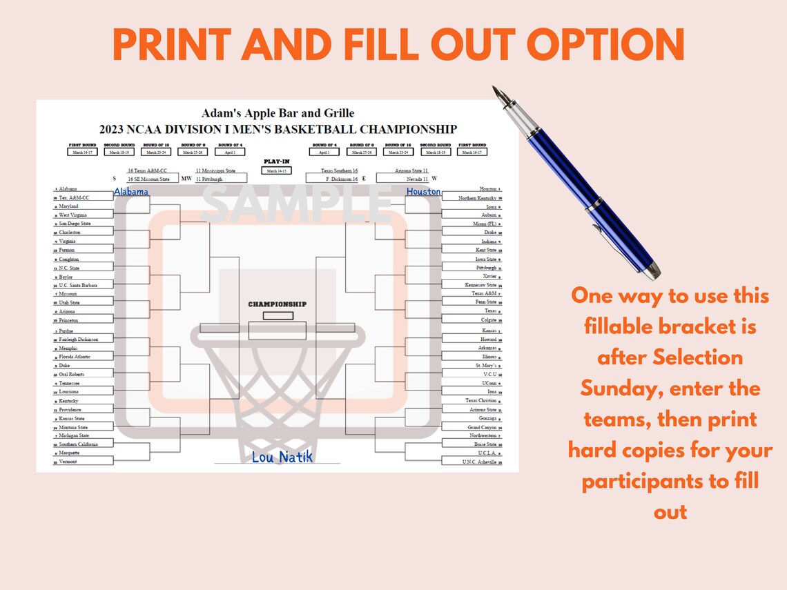 Printable NCAA Basketball Bracket March Madness Template Editable PDF
