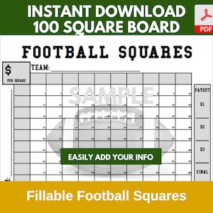 Editable Football Squares Template: 100 Square Grid (PDF)