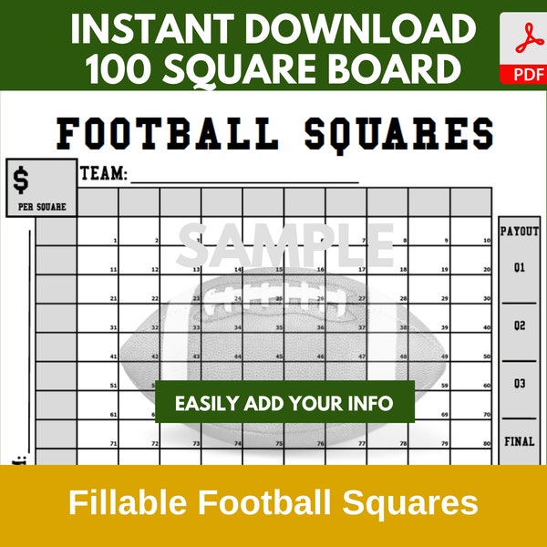 Editable Football Squares Template Printable Editable PDF Football Squares Numbered Football Grids Football Bet Game Football Squares Boxes