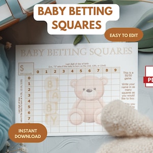 Baby Shower Game Betting Squares Editable Baby Shower Game Printable Game Due Date Baby Prediction Game Fun Baby Pool Game, Gender Neutral