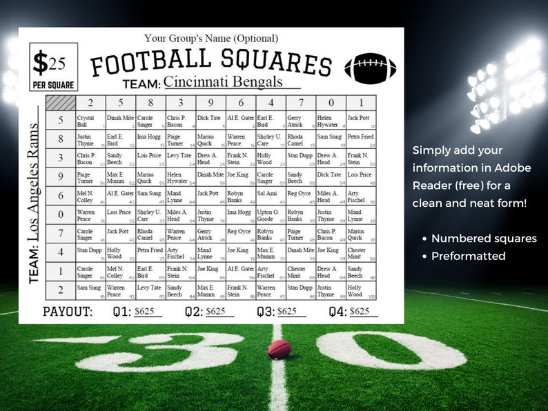 Football Squares Game Printable Editable PDF Super Bowl Squares Football Squares Game Printable Editable PDF Super Bowl Squares
