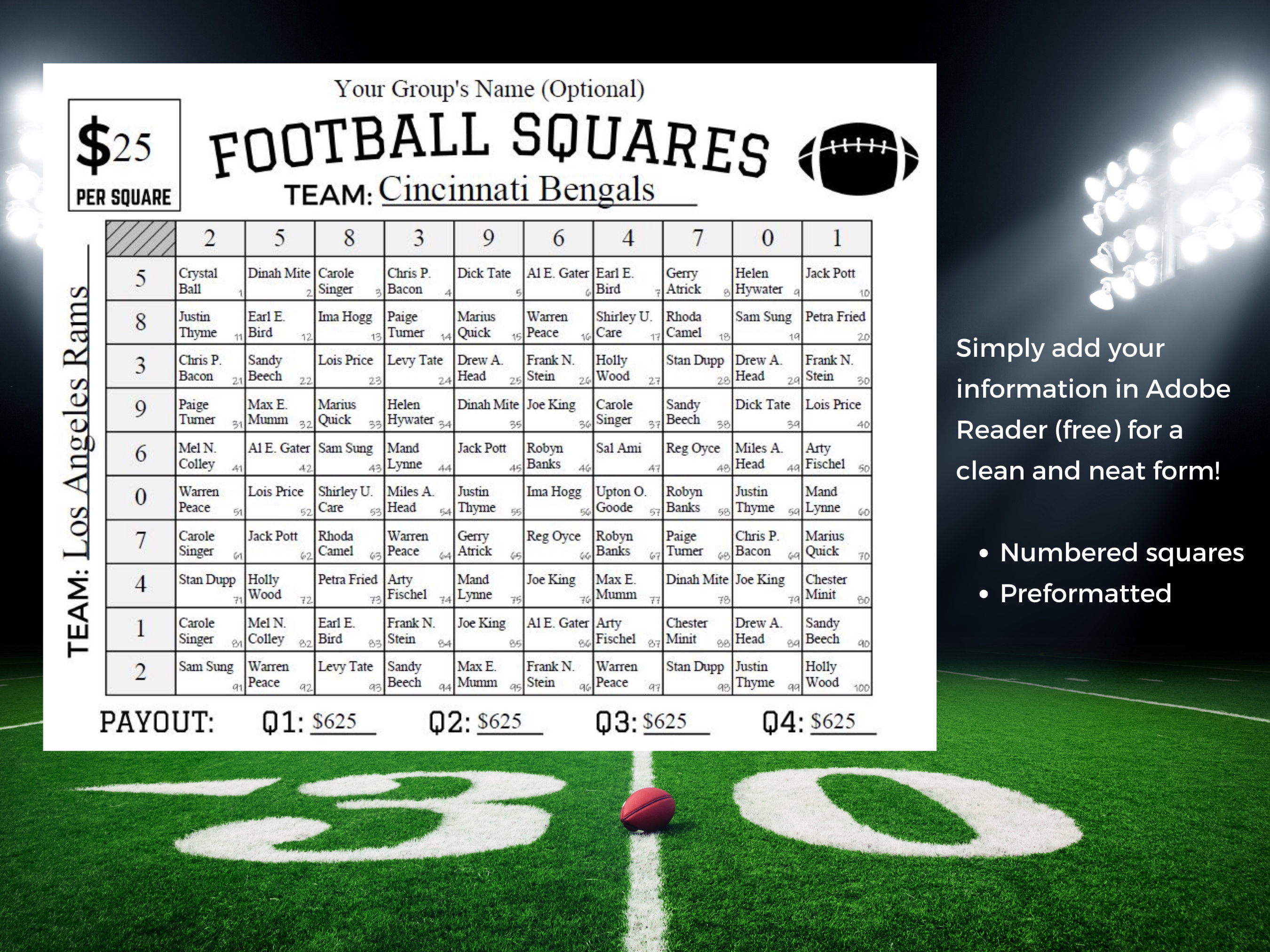 Football Squares Game Printable Editable PDF Super Bowl Squares Football Squares Game Printable Editable PDF Super Bowl Squares