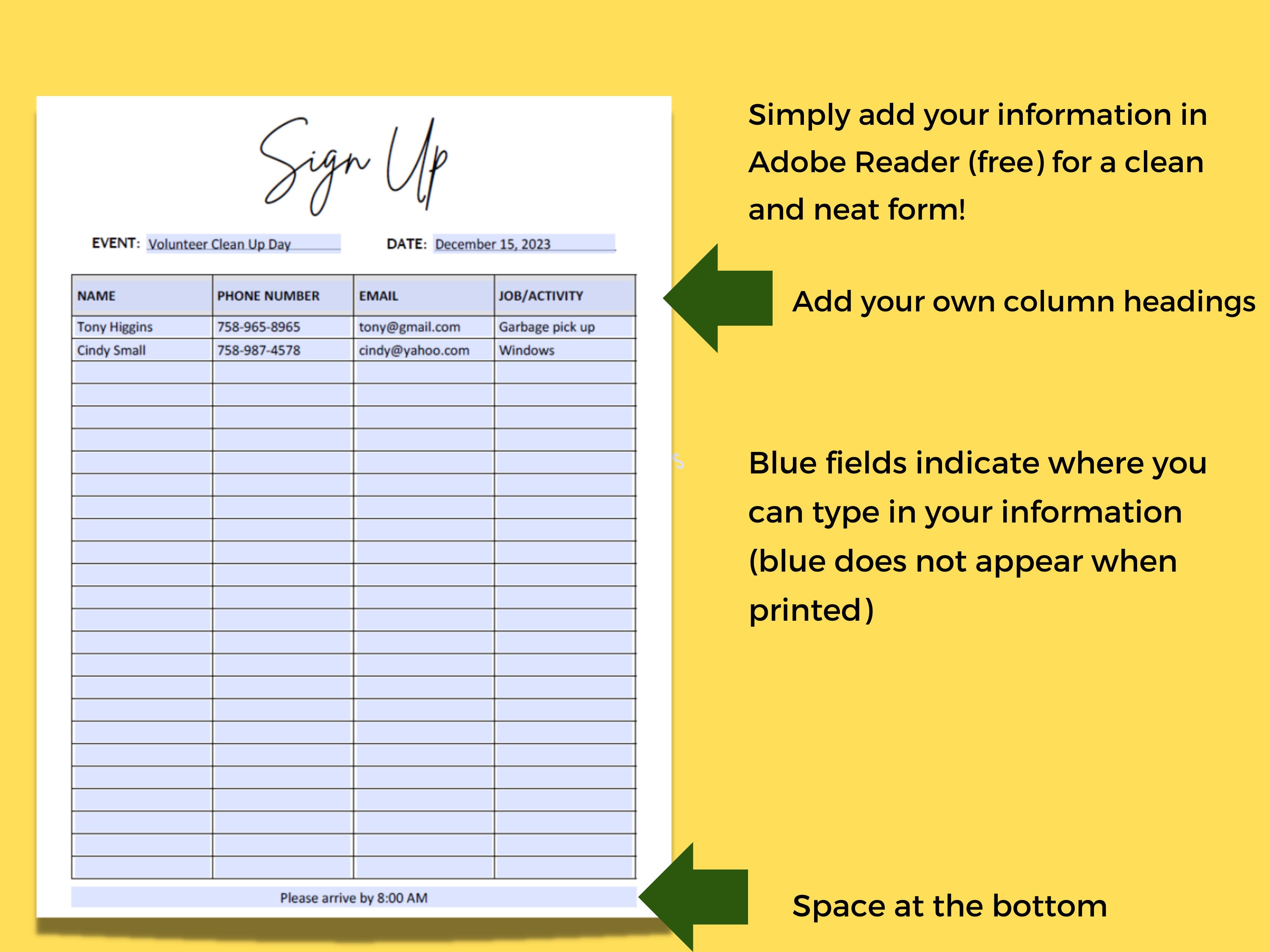 Editable sign up sheet template sign up sheet printable custom pdf