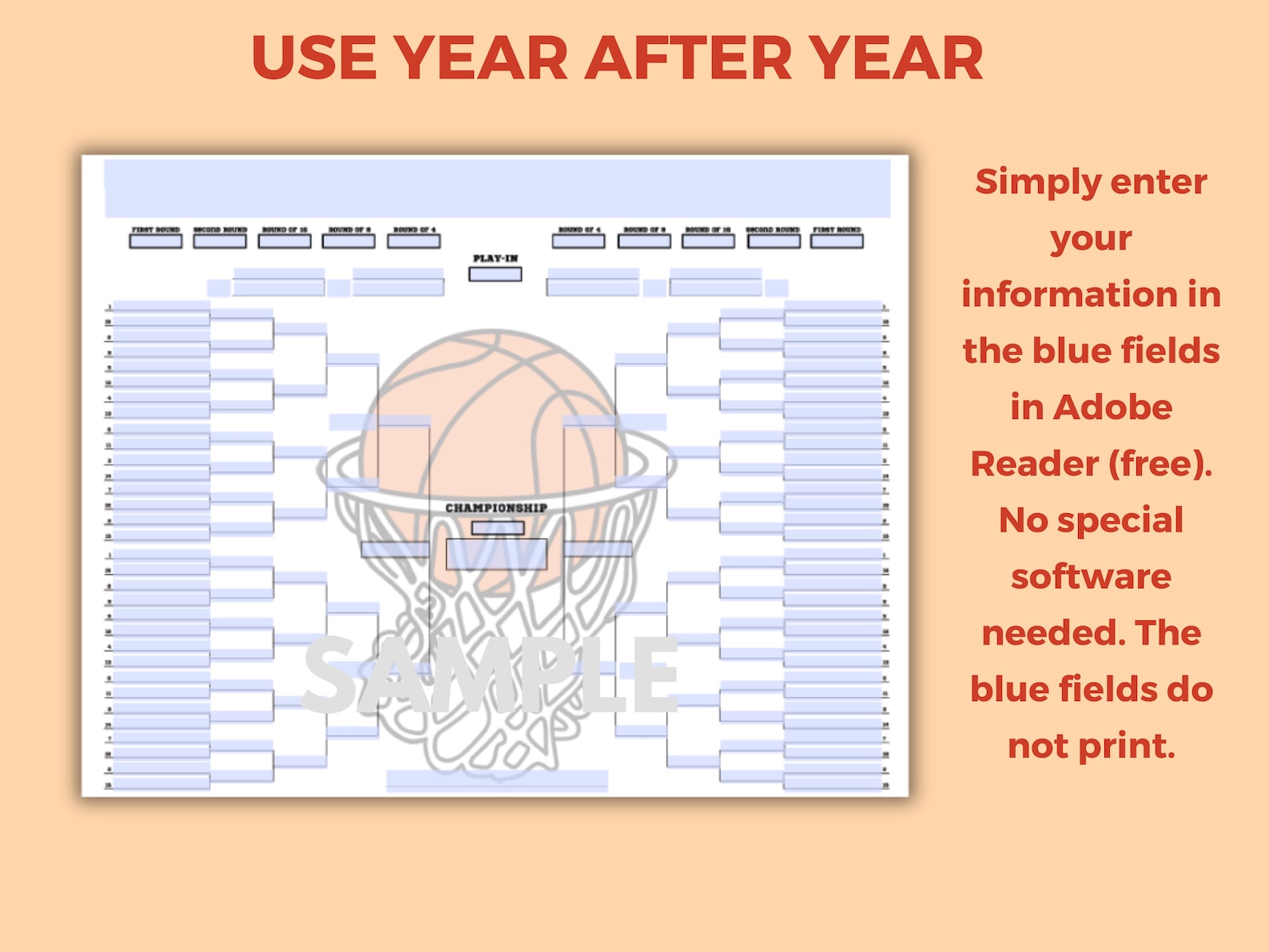 Printable NCAA Basketball Bracket March Madness Template for Tournament Tracker March Madness ...