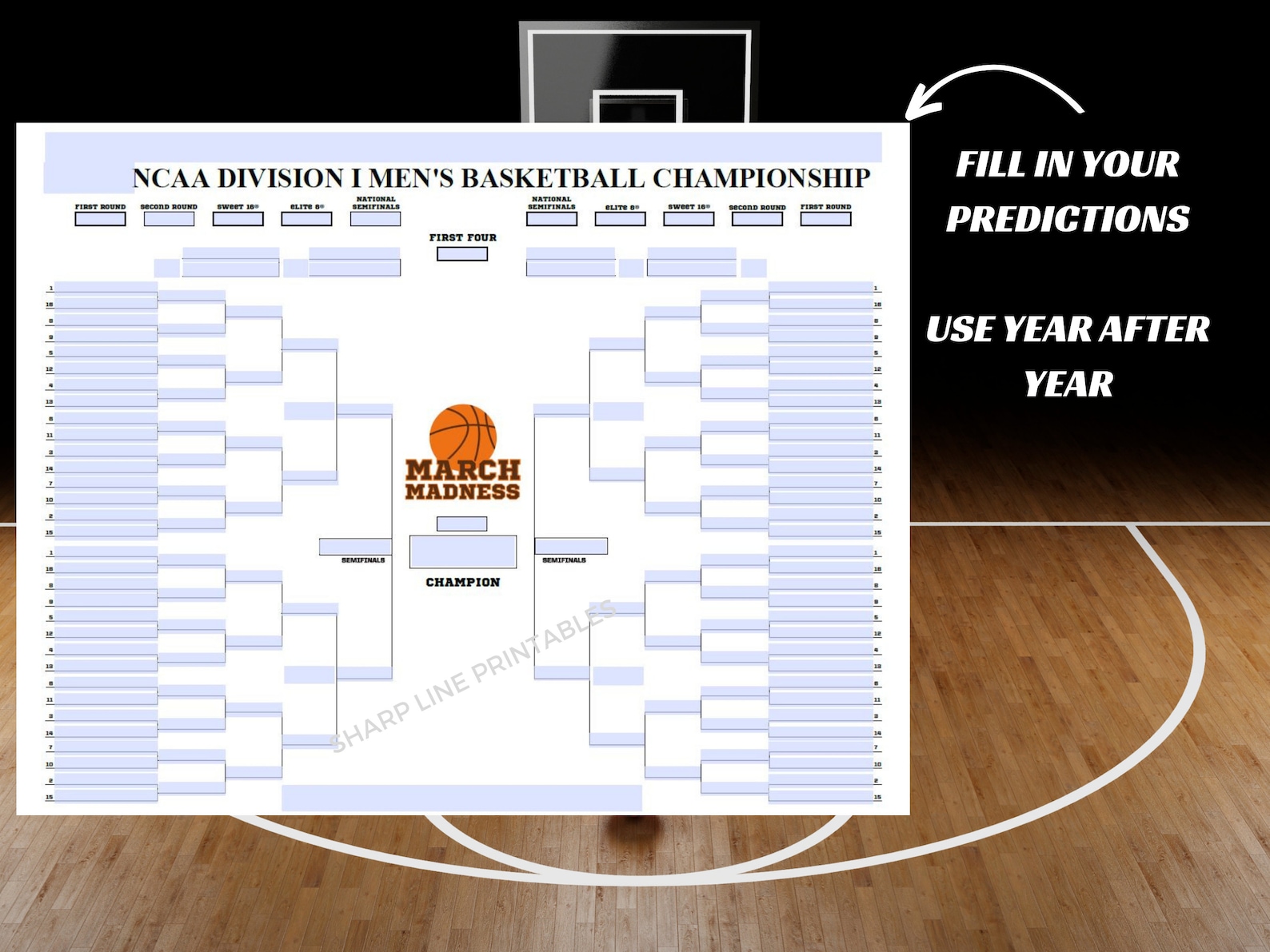 Printable NCAA Basketball Bracket March Madness Template - Etsy