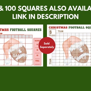 May include: Two printable Christmas football squares game boards with a Santa hat and football design. The text on the board reads "Christmas Football Squares". The text "Sold Separately" is in a red circle on the right side of the image.