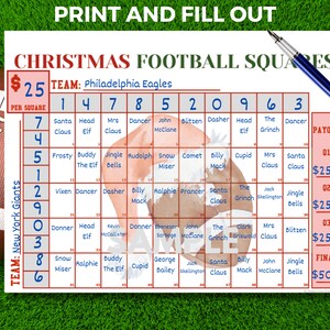 May include: A Christmas-themed football squares game board with a red and white Santa Claus illustration in the center. The board is divided into 100 squares, each with a different Christmas character or holiday-related word. The board is labeled "Christmas Football Squares" and includes the teams "Philadelphia Eagles" and "New York Giants". The board also includes a payout chart with amounts ranging from $250 to $500.