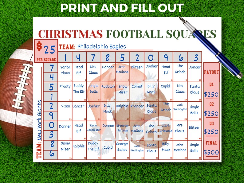 50 Football Squares Template Printable Christmas Football Fundraiser